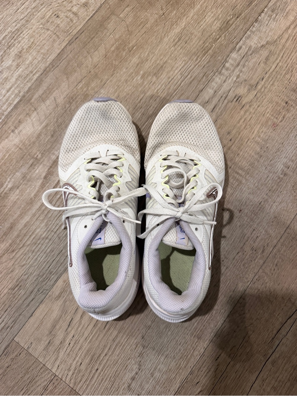 Nike Women's Cream Running Sneakers with Light Green Interior and Lilac